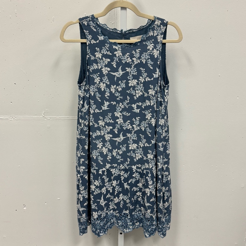 LOFT Bird Novelty Print Shift Mini Dress Blue‎ White XS